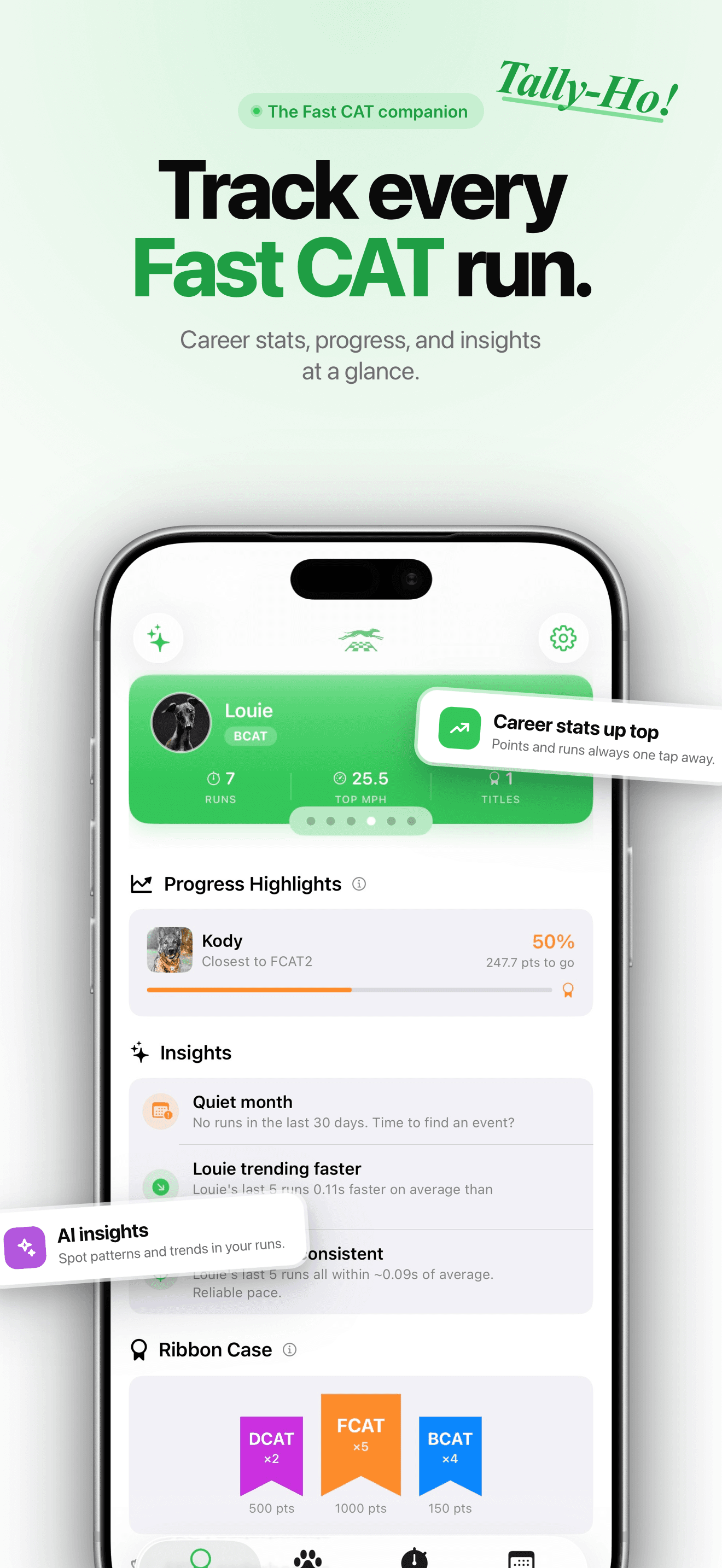 TallyCAT home screen showing career stats and insights