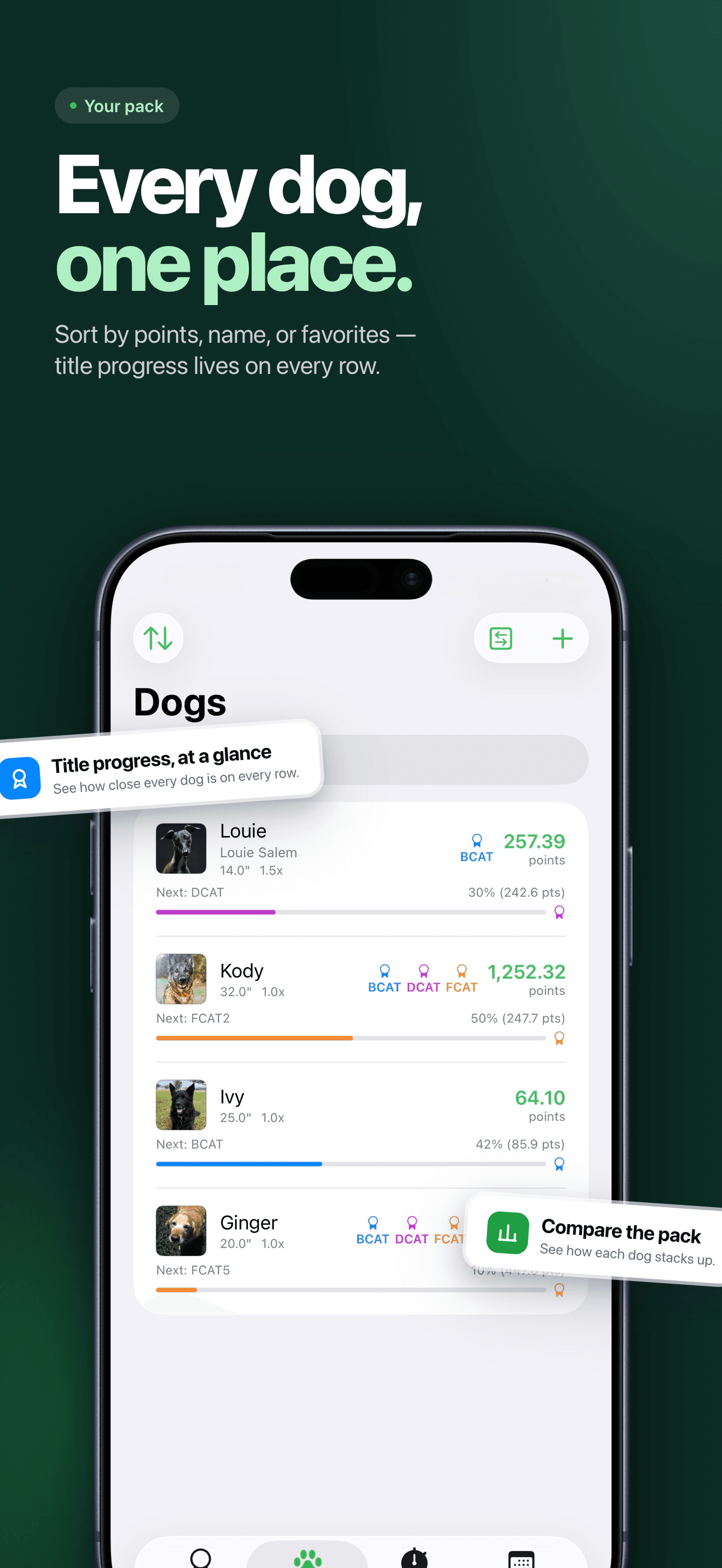 Dogs list with title progress for each dog
