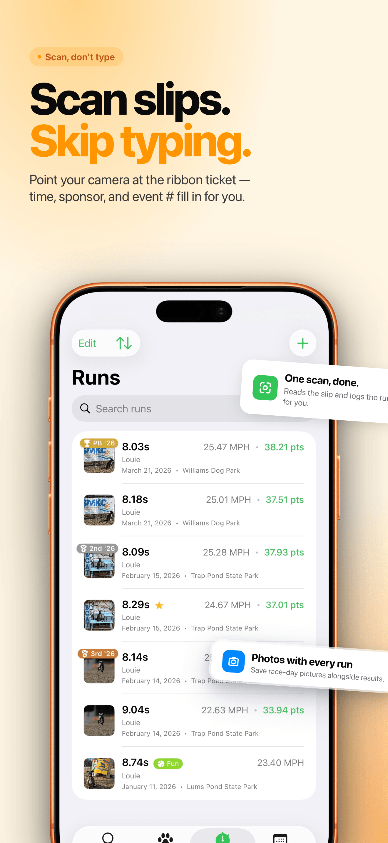 Runs list showing all runs with times and points