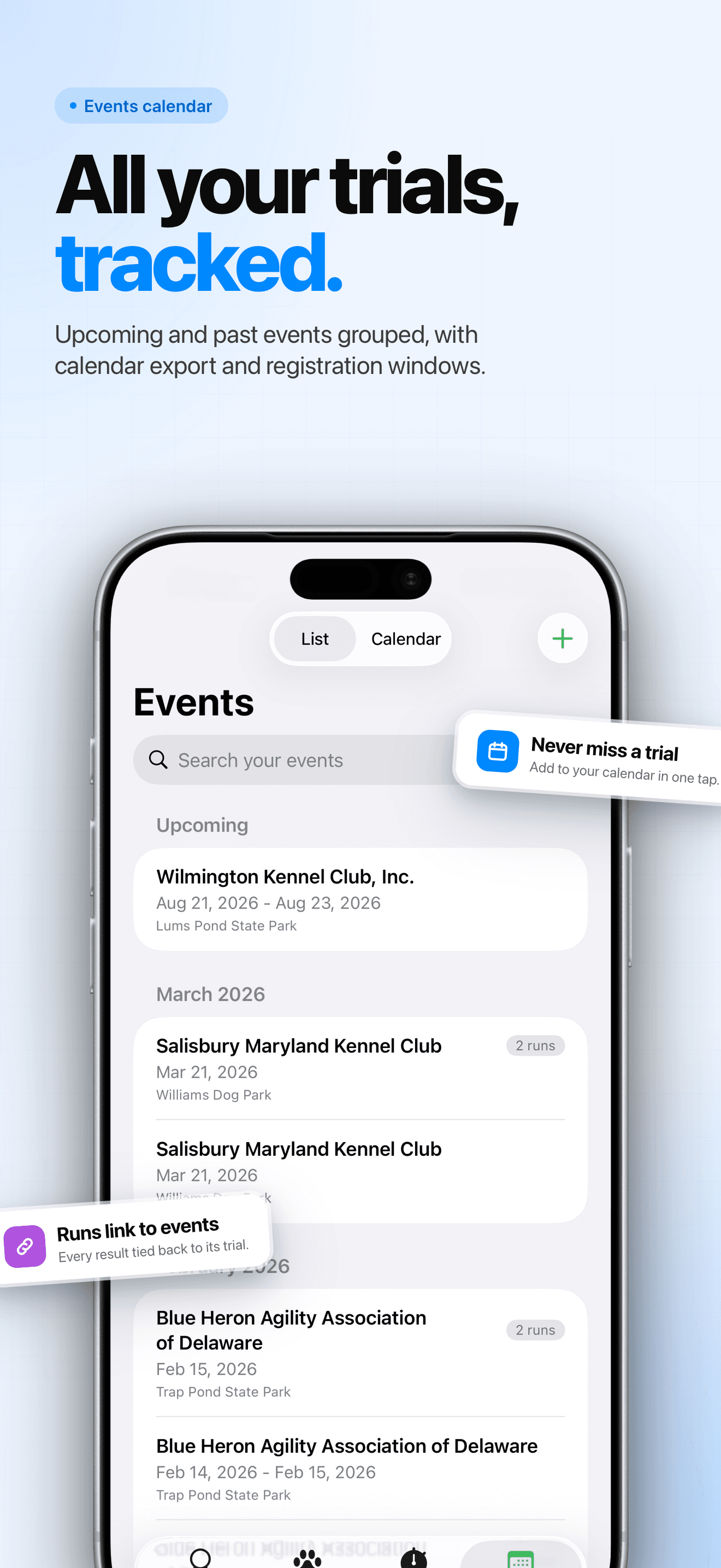 Events calendar with upcoming trials
