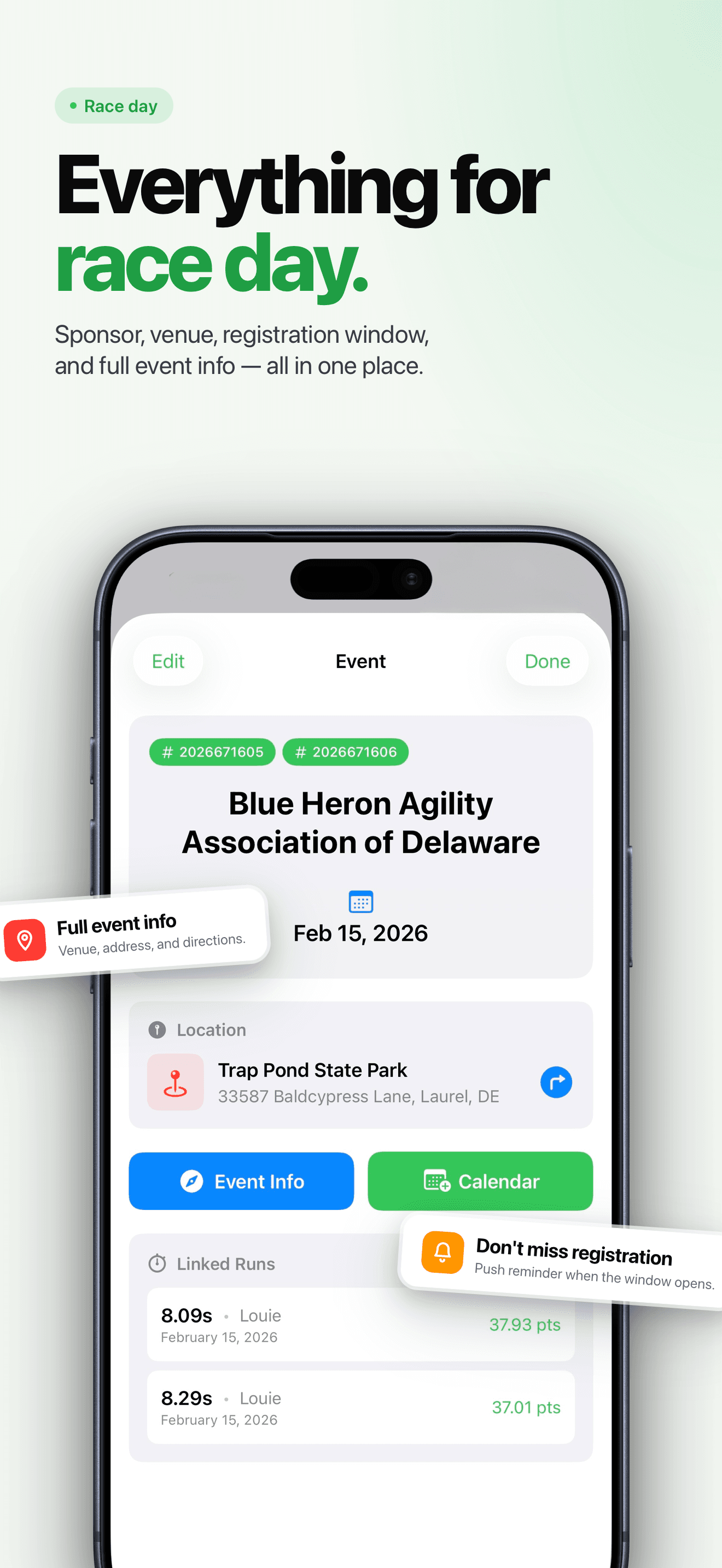 Event detail page with venue and linked runs